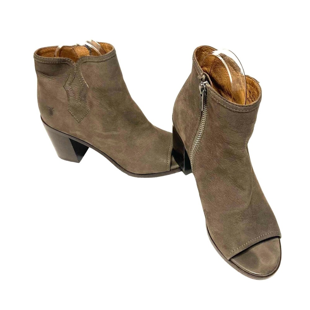 FRYE Peep‎ Toe Block Heel Ankle Boots Taupe Suede Side Zip Women